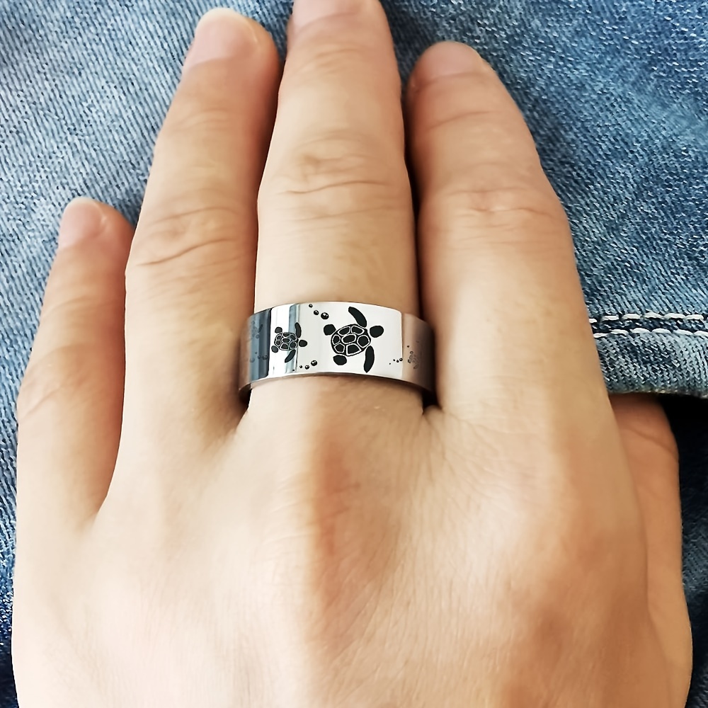 Sea Turtle Stainless Steel Ring Father's Gift Silvery 8mm Ring